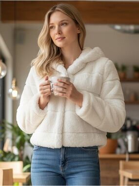 Adrianna Papell Plush Hooded Teddy Jacket - Cream